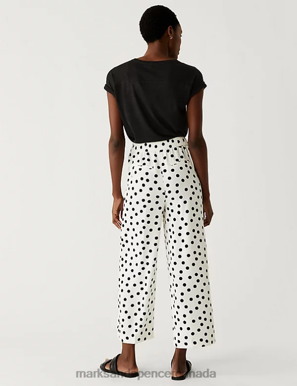 Women Ivory Mix Clothing Marks & Spencer Crepe Polka Dot Wide Leg Cropped Trousers 20VTD822 - Marks and Spencer Canada locations