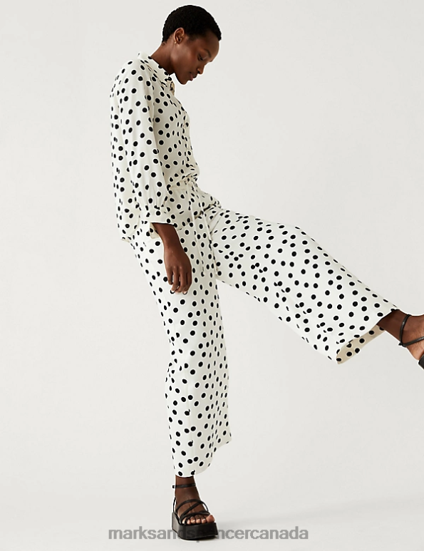 Women Ivory Mix Clothing Marks & Spencer Crepe Polka Dot Wide Leg Cropped Trousers 20VTD822 - Marks and Spencer Canada locations