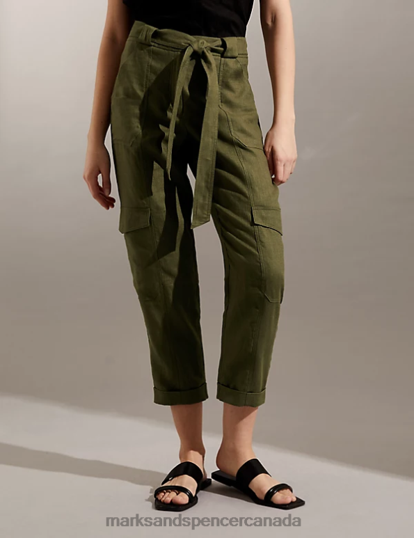 Women Khaki Clothing Marks & Spencer Pure Linen Cargo Belted Cropped Trousers 20VTD2323 - Marks and Spencer outlet
