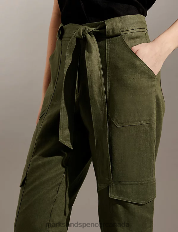 Women Khaki Clothing Marks & Spencer Pure Linen Cargo Belted Cropped Trousers 20VTD2323 - Marks and Spencer outlet