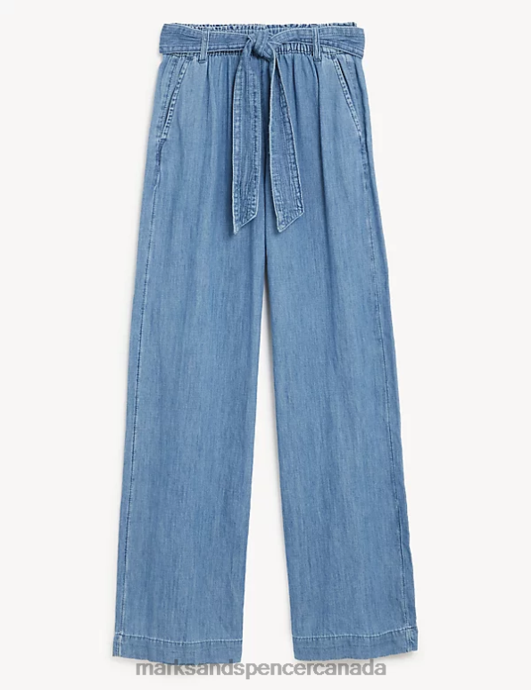 Marks and Spencer near me - Women Light Indigo Clothing Marks & Spencer Denim Belted Wide Leg Trousers 20VTD2951