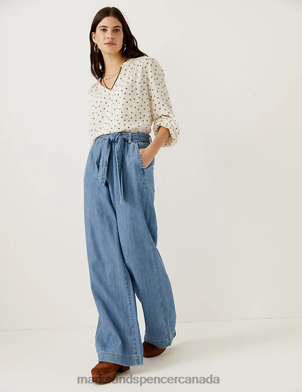 Marks and Spencer near me - Women Light Indigo Clothing Marks & Spencer Denim Belted Wide Leg Trousers 20VTD2951
