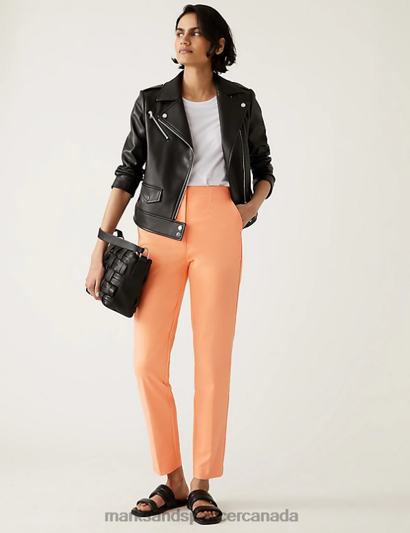 Women Light Orange Clothing Marks & Spencer Cotton Blend Slim Fit Ankle Grazer Trousers 20VTD2427 - Marks and Spencer online
