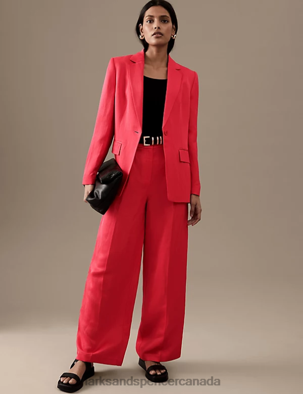 Marks and Spencer Canada - Women Lipstick Clothing Marks & Spencer Linen Blend Pleated Wide Leg Trousers 20VTD1204