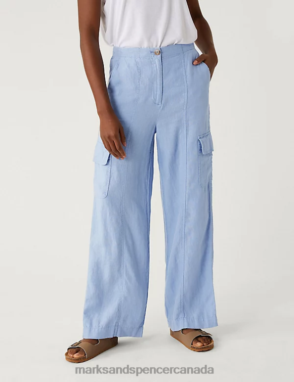 Women Medium Blue Clothing Marks & Spencer Pure Linen Cargo Trousers 20VTD2998 - Marks and Spencer outlet