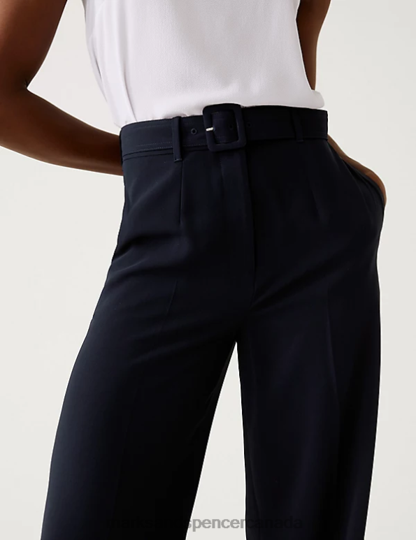 Marks and Spencer Canada - Women Midnight Navy Clothing Marks & Spencer Woven Belted Wide Leg Trousers 20VTD2575