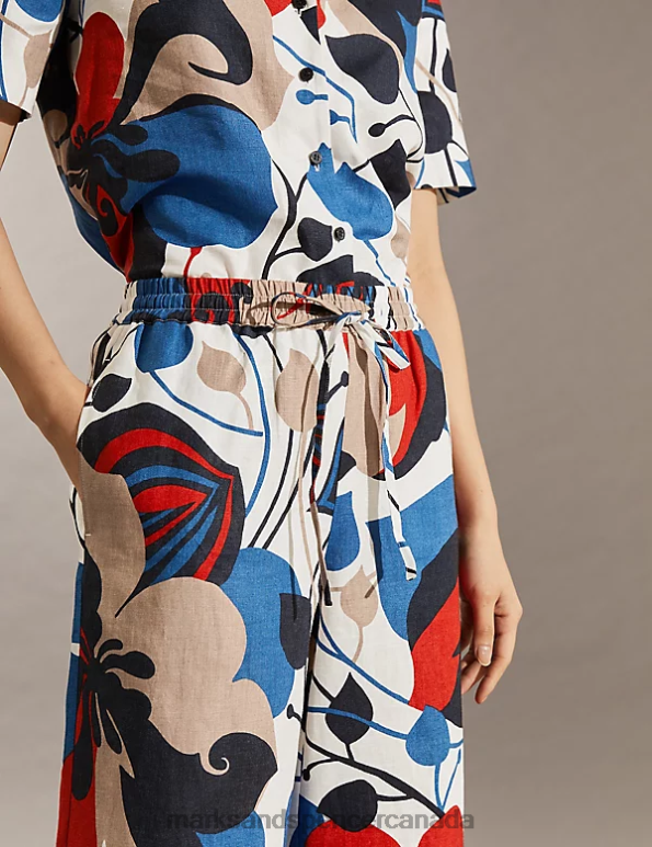 Marks and Spencer sale - Women Multi Clothing Marks & Spencer Pure Linen Floral Wide Leg Cropped Trousers 20VTD1652