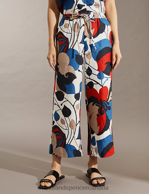 Marks and Spencer sale - Women Multi Clothing Marks & Spencer Pure Linen Floral Wide Leg Cropped Trousers 20VTD1652