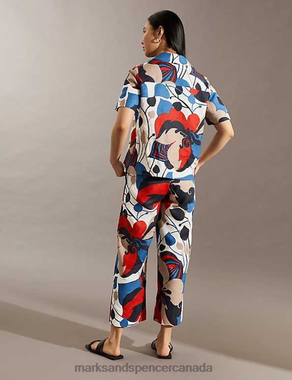 Marks and Spencer sale - Women Multi Clothing Marks & Spencer Pure Linen Floral Wide Leg Cropped Trousers 20VTD1652