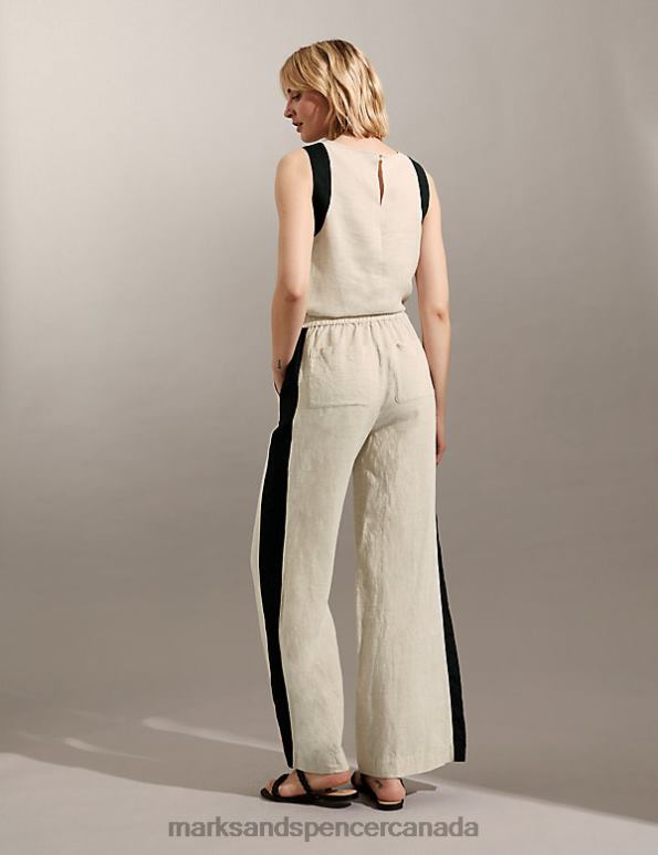 Marks and Spencer near me - Women Natural Mix Clothing Marks & Spencer Pure Linen Side Stripe Wide Leg Trousers 20VTD1558