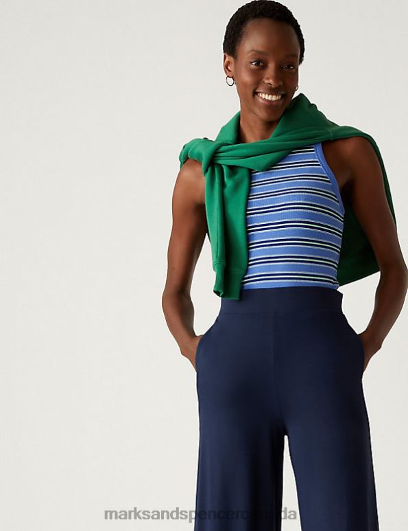 Women Navy Clothing Marks & Spencer Jersey Wide Leg Ankle Grazer Trousers 20VTD1687 - Marks and Spencer online