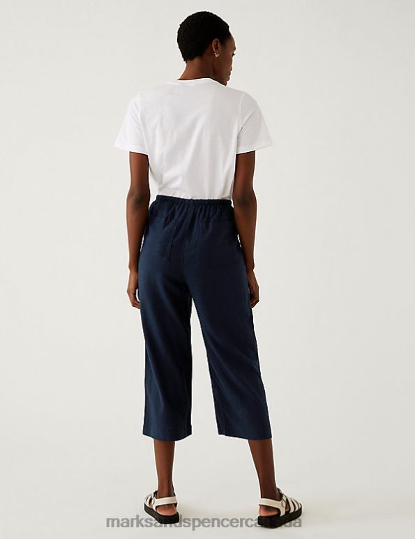 Women Navy Clothing Marks & Spencer Linen Rich Wide Cropped Leg Trousers 20VTD1705 - Marks and Spencer outlet