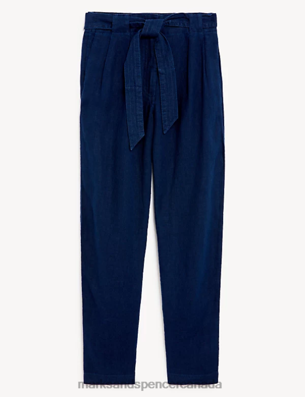 Women Navy Clothing Marks & Spencer Pure Linen Belted Tapered Trousers 20VTD2654 - Marks and Spencer online