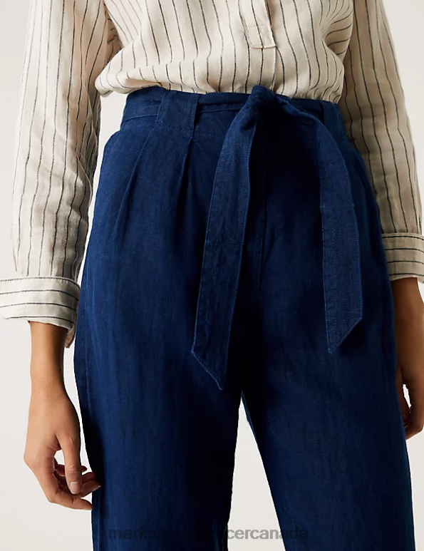 Women Navy Clothing Marks & Spencer Pure Linen Belted Tapered Trousers 20VTD2654 - Marks and Spencer online