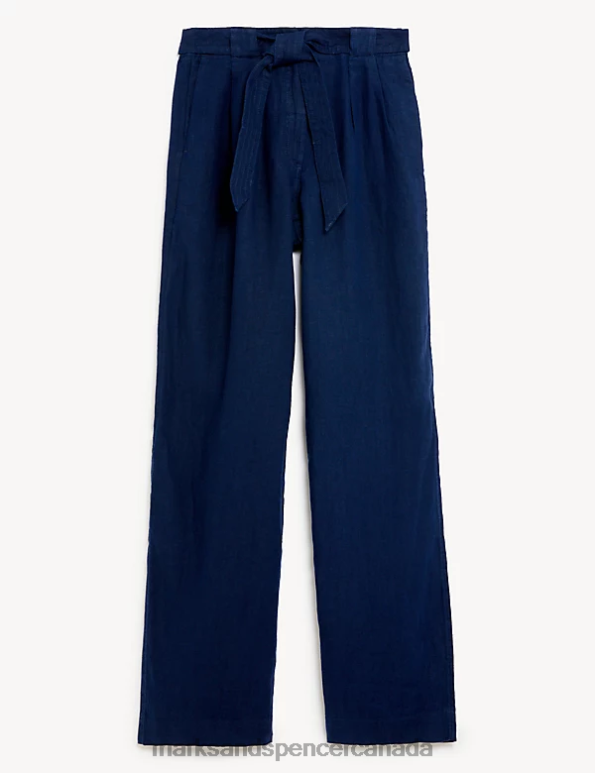 Marks and Spencer Canada - Women Navy Clothing Marks & Spencer Pure Linen Belted Wide Leg Trousers 20VTD825