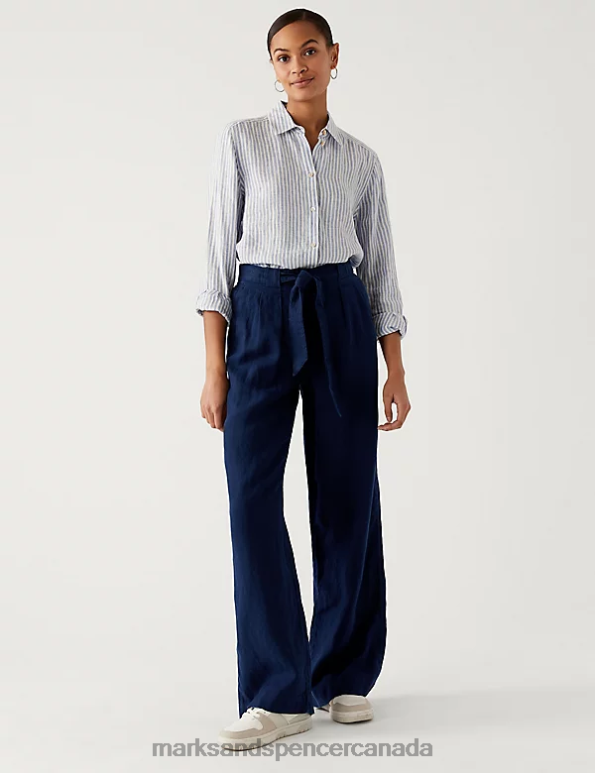 Marks and Spencer Canada - Women Navy Clothing Marks & Spencer Pure Linen Belted Wide Leg Trousers 20VTD825