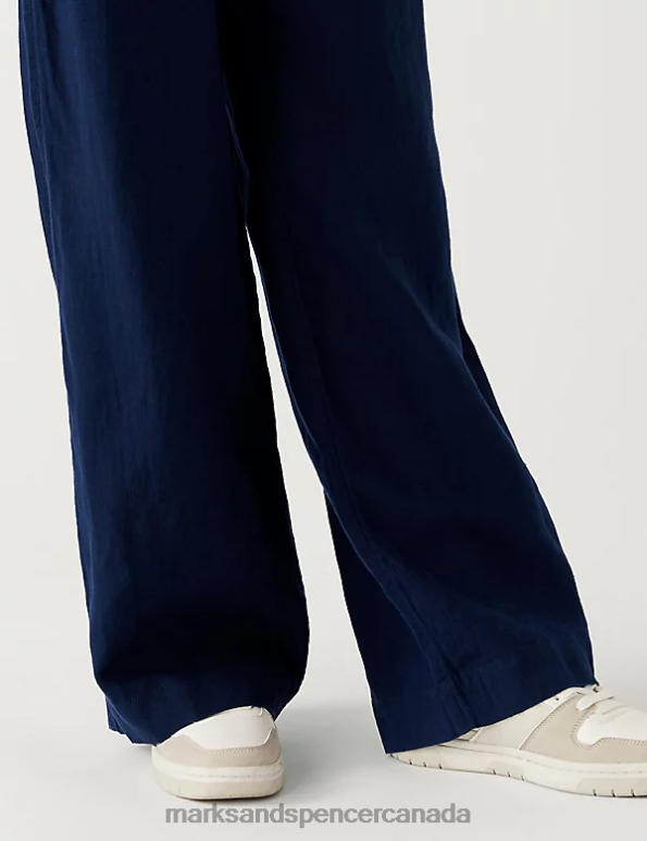 Marks and Spencer Canada - Women Navy Clothing Marks & Spencer Pure Linen Belted Wide Leg Trousers 20VTD825