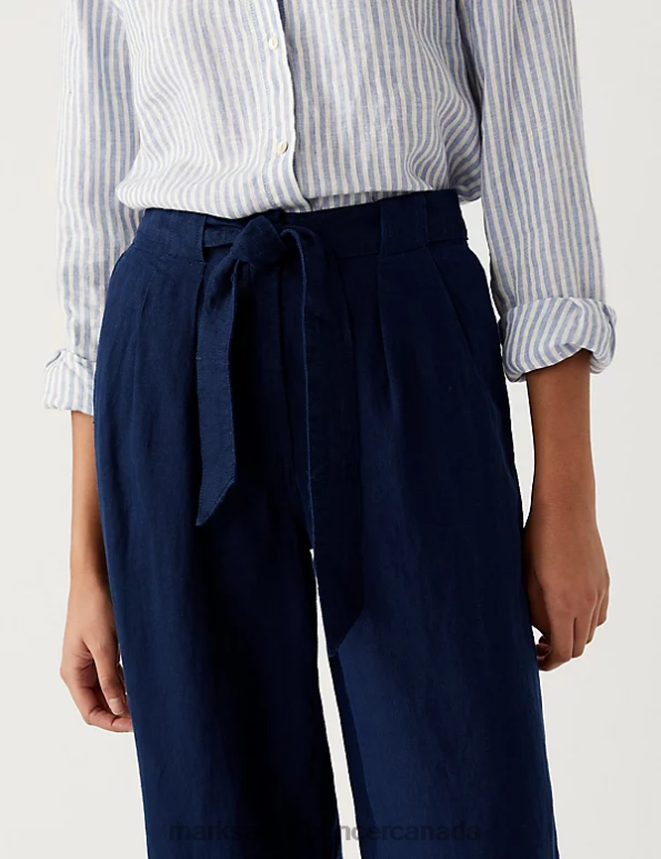 Marks and Spencer Canada - Women Navy Clothing Marks & Spencer Pure Linen Belted Wide Leg Trousers 20VTD825
