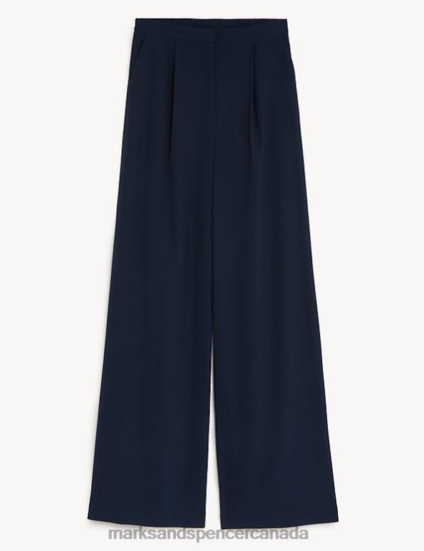 Women Navy Clothing Marks & Spencer Satin Pleat Front Wide Leg Trousers 20VTD2980 - Marks and Spencer Canada locations