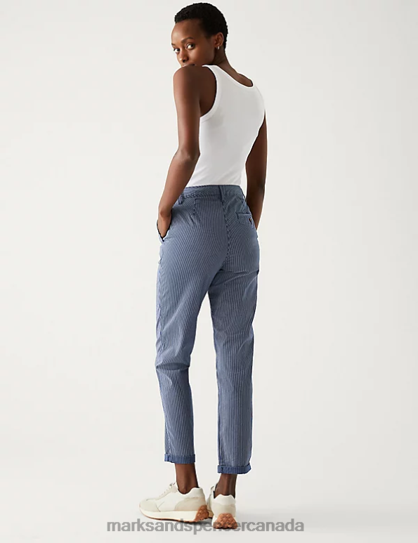 Marks and Spencer near me - Women Navy Mix Clothing Marks & Spencer Cotton Rich Striped Slim Fit Chinos 20VTD1004