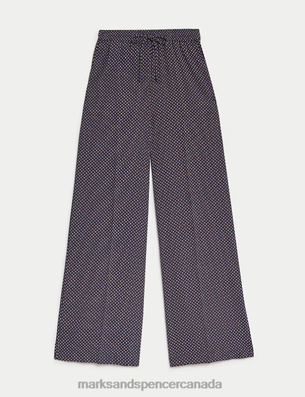 Marks and Spencer near me - Women Navy Mix Clothing Marks & Spencer Geometric Drawstring Wide Leg Trousers 20VTD513