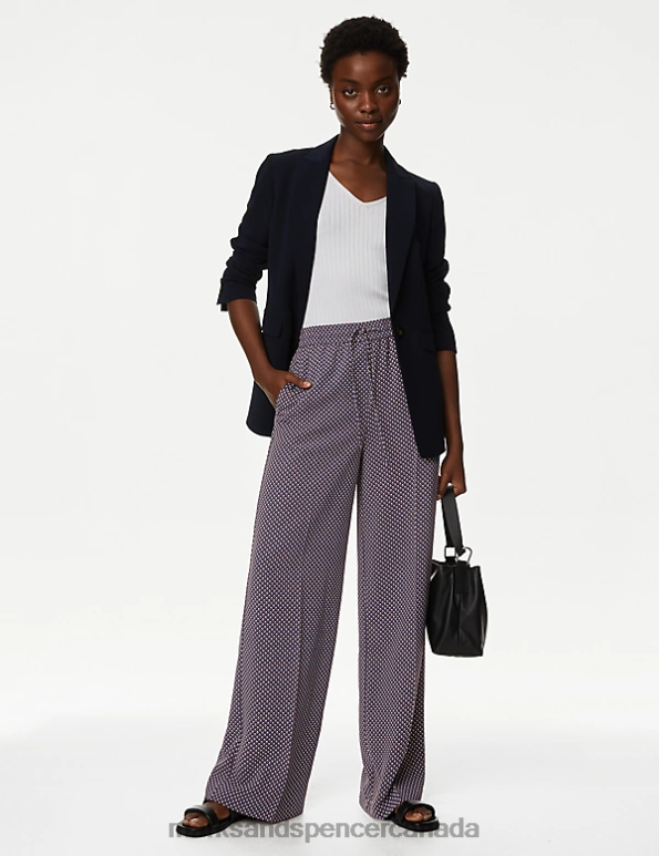 Marks and Spencer near me - Women Navy Mix Clothing Marks & Spencer Geometric Drawstring Wide Leg Trousers 20VTD513