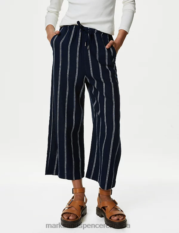 Marks and Spencer near me - Women Navy Mix Clothing Marks & Spencer Linen Rich Wide Cropped Leg Trousers 20VTD2043