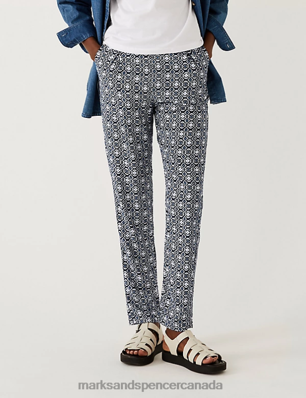 Marks and Spencer sale - Women Navy Mix Clothing Marks & Spencer Printed Pleat Front Tapered Trousers 20VTD680