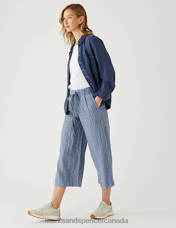 Marks and Spencer near me - Women Navy Mix Clothing Marks & Spencer Pure Linen Striped Wide Leg Cropped Trousers 20VTD2580