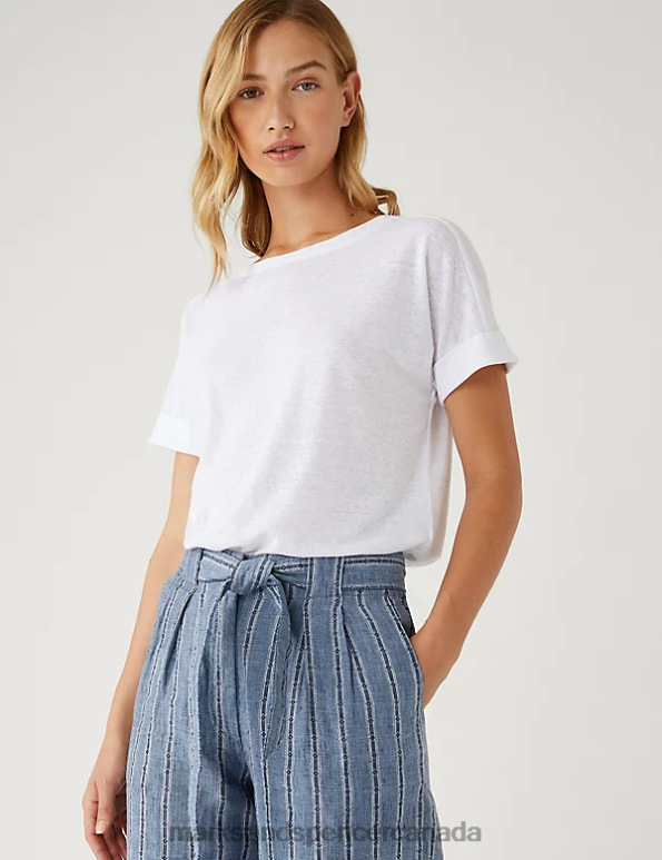 Marks and Spencer near me - Women Navy Mix Clothing Marks & Spencer Pure Linen Striped Wide Leg Cropped Trousers 20VTD2580