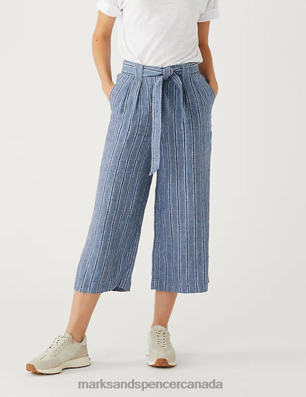 Marks and Spencer near me - Women Navy Mix Clothing Marks & Spencer Pure Linen Striped Wide Leg Cropped Trousers 20VTD2580