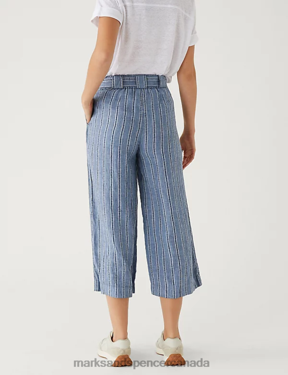 Marks and Spencer near me - Women Navy Mix Clothing Marks & Spencer Pure Linen Striped Wide Leg Cropped Trousers 20VTD2580