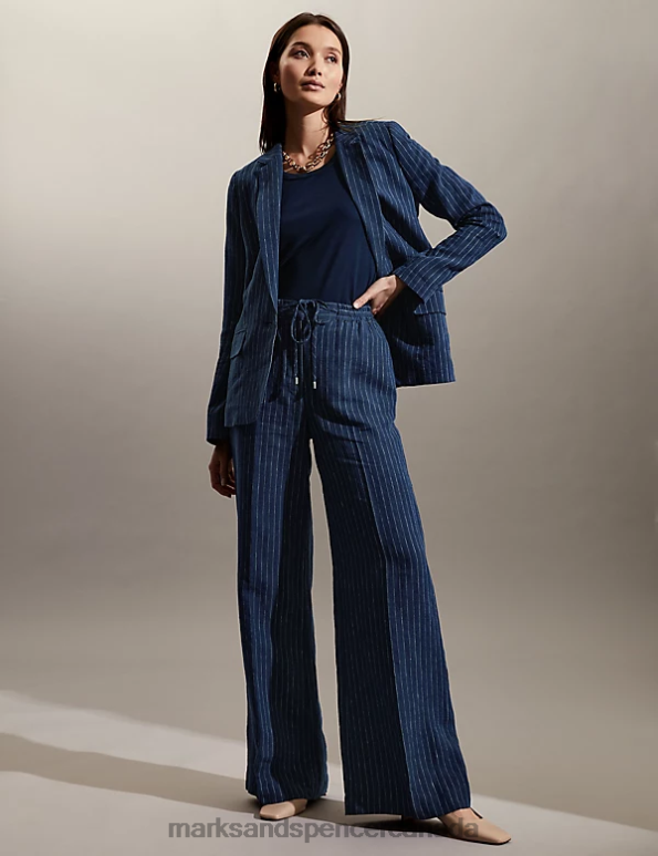 Marks and Spencer Canada - Women Navy/White Clothing Marks & Spencer Pure Linen Pinstripe Trousers 20VTD1313