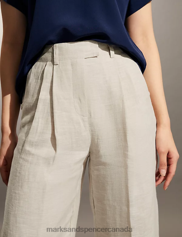 Women Neutral Clothing Marks & Spencer Pure Linen Wide Leg Trousers 20VTD1105 - Marks and Spencer outlet