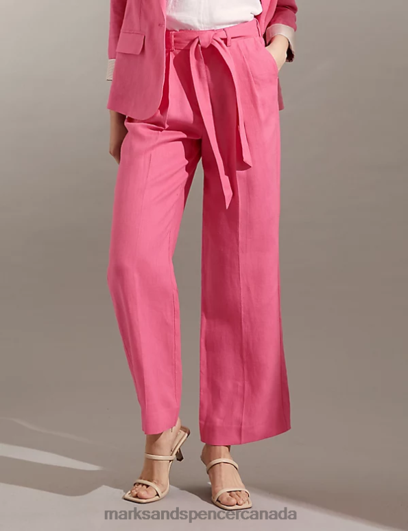 Women Pink Clothing Marks & Spencer Pure Linen Wide Leg Trousers 20VTD1104 - Marks and Spencer Canada locations