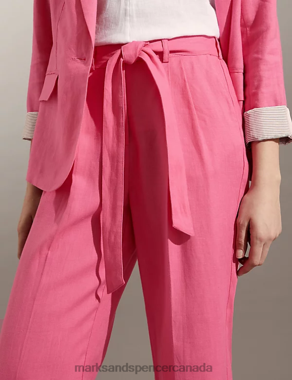 Women Pink Clothing Marks & Spencer Pure Linen Wide Leg Trousers 20VTD1104 - Marks and Spencer Canada locations