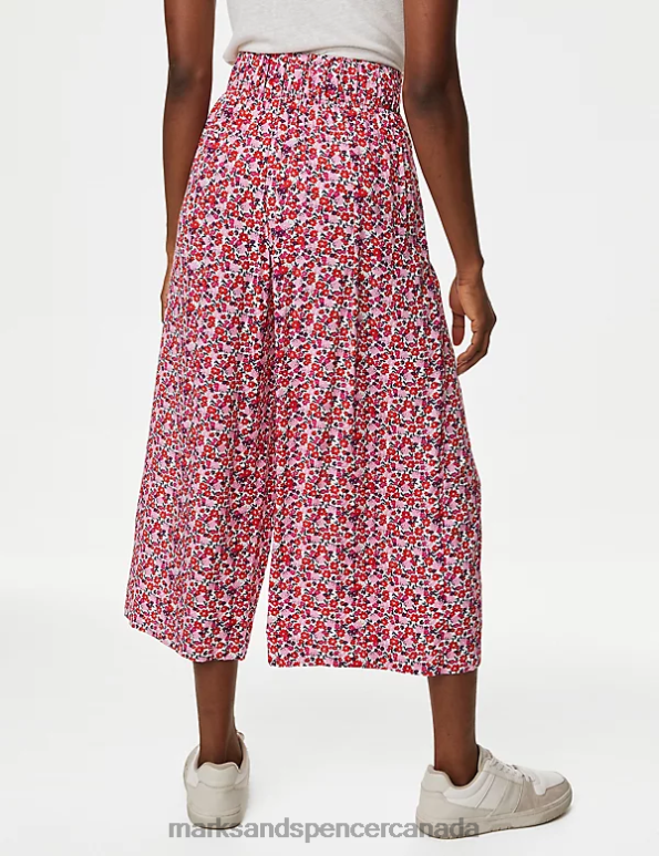 Women Pink Mix Clothing Marks & Spencer Printed Wide Leg Cropped Trousers 20VTD2744 - Marks and Spencer Canada locations