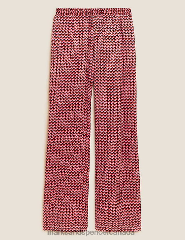 Women Pink Mix Clothing Marks & Spencer Pure Silk Printed Wide Leg Trousers 20VTD1698 - Marks and Spencer Canada locations