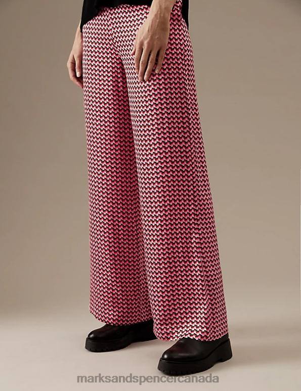 Women Pink Mix Clothing Marks & Spencer Pure Silk Printed Wide Leg Trousers 20VTD1698 - Marks and Spencer Canada locations