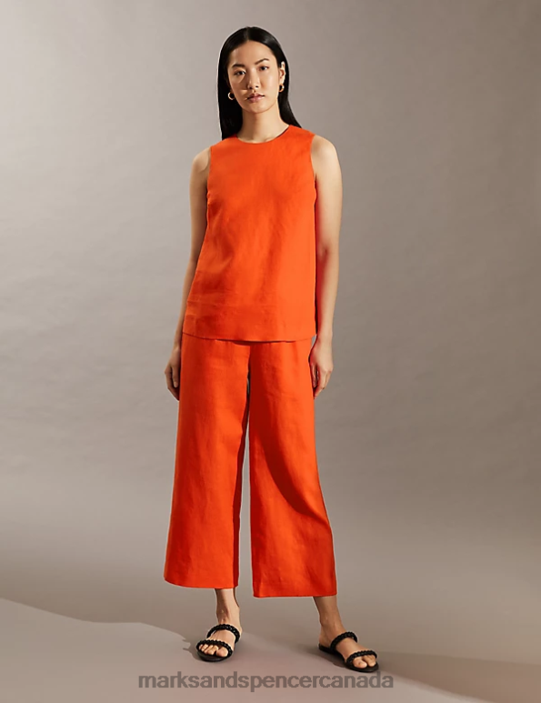 Women Red Clothing Marks & Spencer Pure Linen Wide Leg Cropped Trousers 20VTD1784 - Marks and Spencer Canada locations