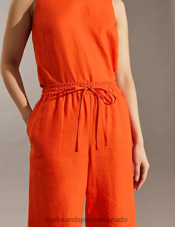 Women Red Clothing Marks & Spencer Pure Linen Wide Leg Cropped Trousers 20VTD1784 - Marks and Spencer Canada locations