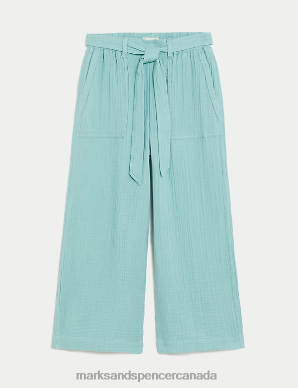 Women Sea Green Clothing Marks & Spencer Pure Cotton Wide Leg Cropped Trousers 20VTD2971 - Marks and Spencer online