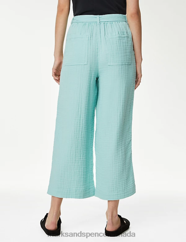 Women Sea Green Clothing Marks & Spencer Pure Cotton Wide Leg Cropped Trousers 20VTD2971 - Marks and Spencer online