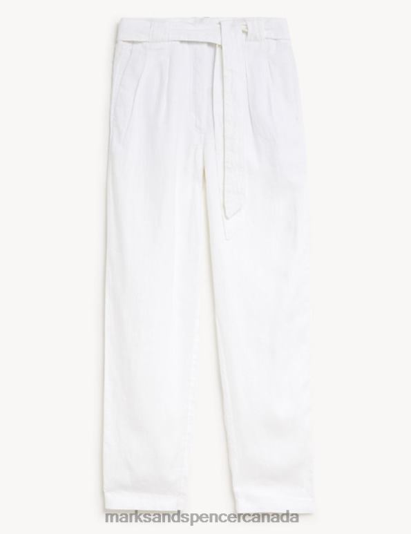 Marks and Spencer near me - Women Soft White Clothing Marks & Spencer Pure Linen Belted Tapered Trousers 20VTD2652