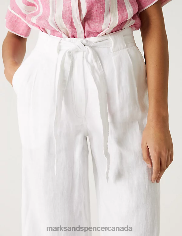 Marks and Spencer near me - Women Soft White Clothing Marks & Spencer Pure Linen Belted Wide Leg Trousers 20VTD826