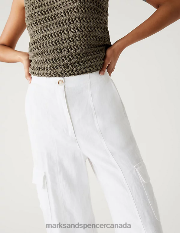 Marks and Spencer Canada - Women Soft White Clothing Marks & Spencer Pure Linen Cargo Trousers 20VTD2651
