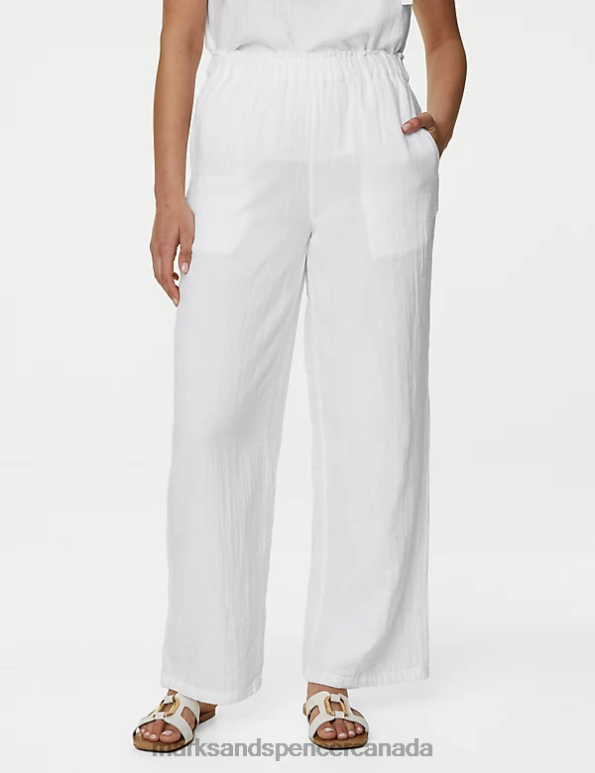 Marks and Spencer Canada - Women White Clothing Marks & Spencer Pure Cotton Wide Leg Trousers 20VTD1973
