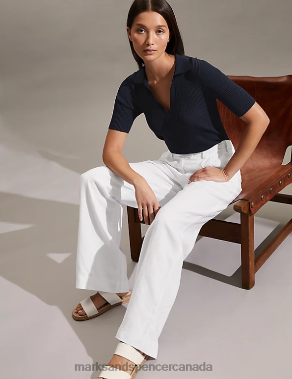 Women White Clothing Marks & Spencer Pure Linen Wide Leg Trousers 20VTD1506 - Marks and Spencer online