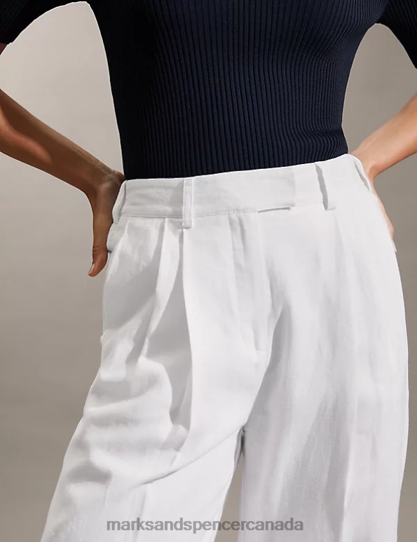 Women White Clothing Marks & Spencer Pure Linen Wide Leg Trousers 20VTD1506 - Marks and Spencer online