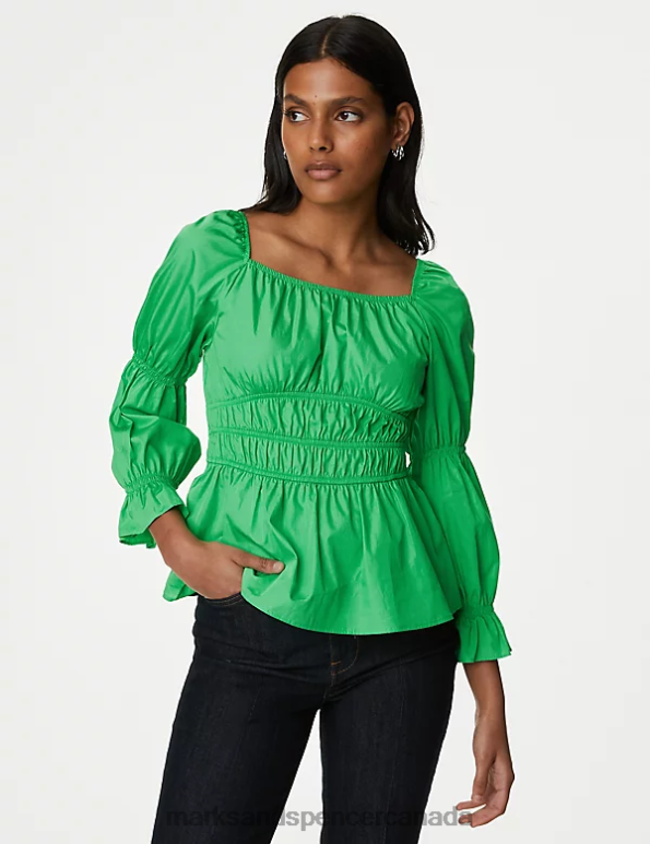 Marks and Spencer near me - Women Acid Green Clothing Marks & Spencer Pure Cotton Square Neck Shirred Blouse 20VTD1145